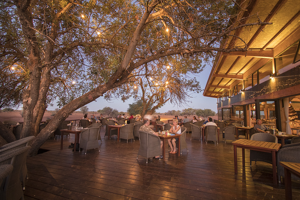 The outside dining area with Kalahari views