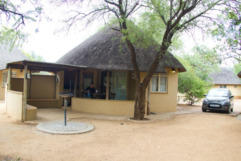 A chalet in Satara Camp and our tiny rental car.