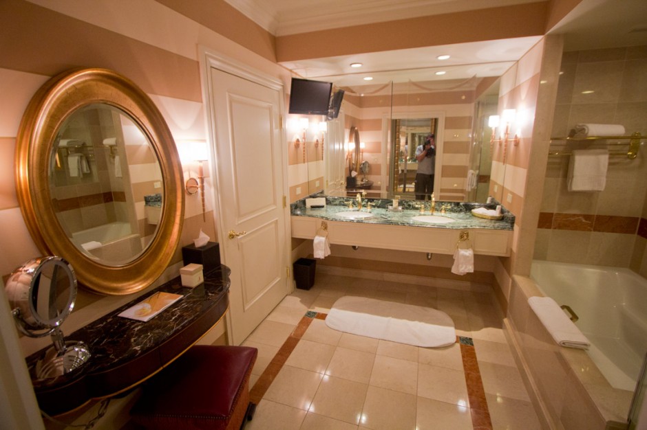 My bathroom at the Venetian in Vegas. Note the television.