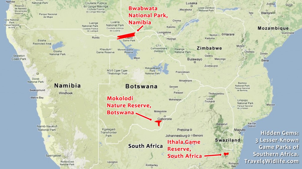 Location of Mokolodi, Ithala and Bwabwata within Southern Africa. Google Maps - ©2012 Google