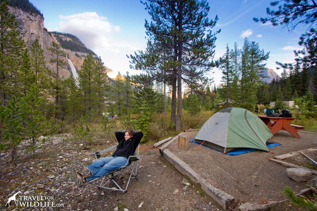 Takakkaw Falls campground with the falls behind us