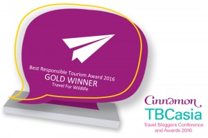 Best Responsible Tourism Award GOLD WINNER Travel For Wildlife, at Travel Bloggers Conference Asia 2016