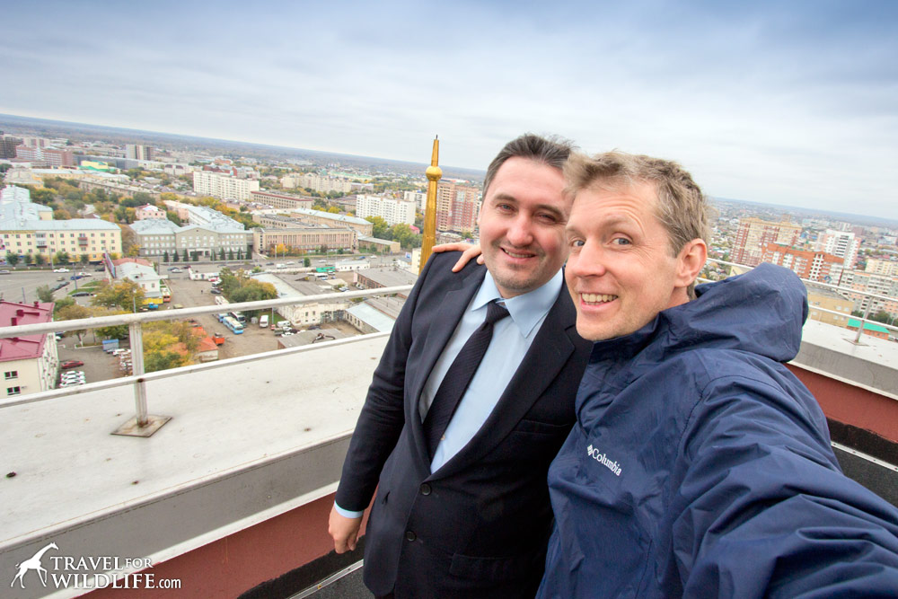 Hal Brindley and Oleg Kikotovo on the roof of the Library at Orenburg University, Russia