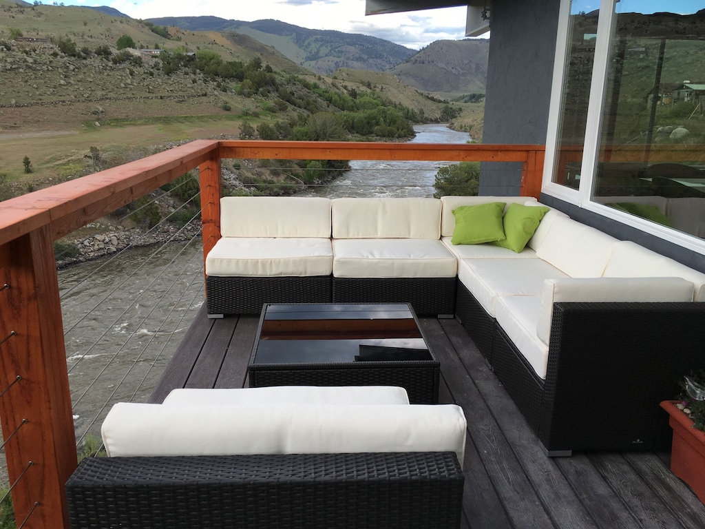 deck with lounge chairs by Yellowstone River