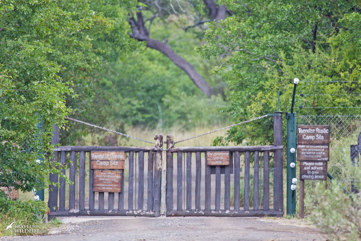 Tsendze Rustic Camp gate and Tsendze rustic campsites