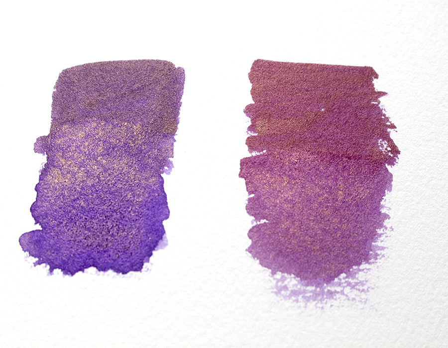two swatches of colors using violets and gold
