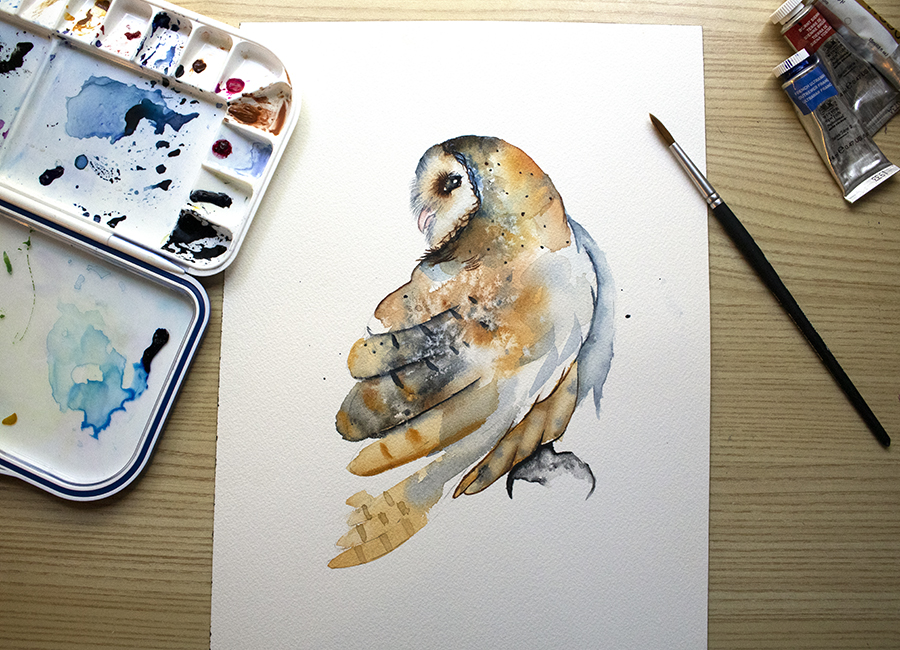 owl painting in watercolor with a brush and some watercolor pigments