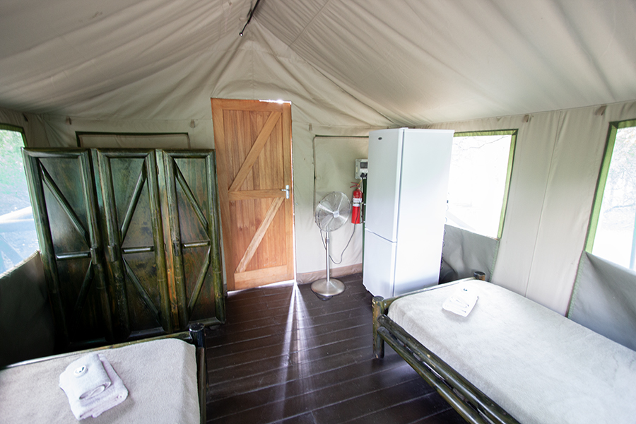 inside a canvas tent