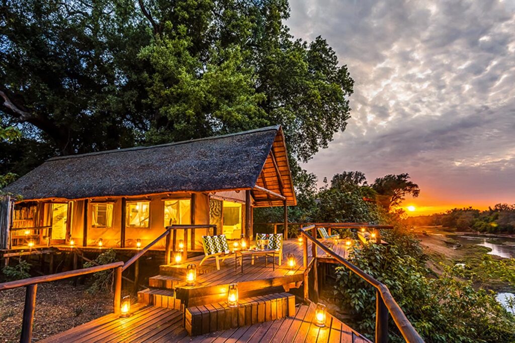 Pafuri luxury tented camp tent in the evening at sunset with river views