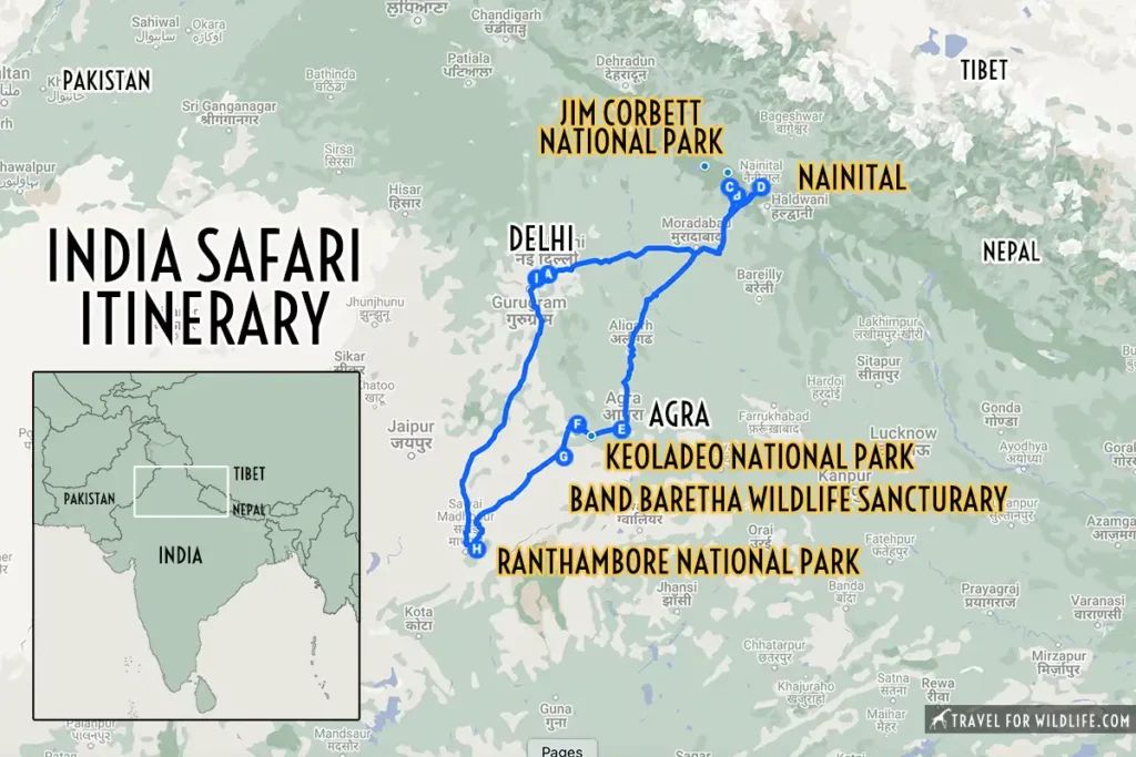 Map of an Indian safari itinerary map