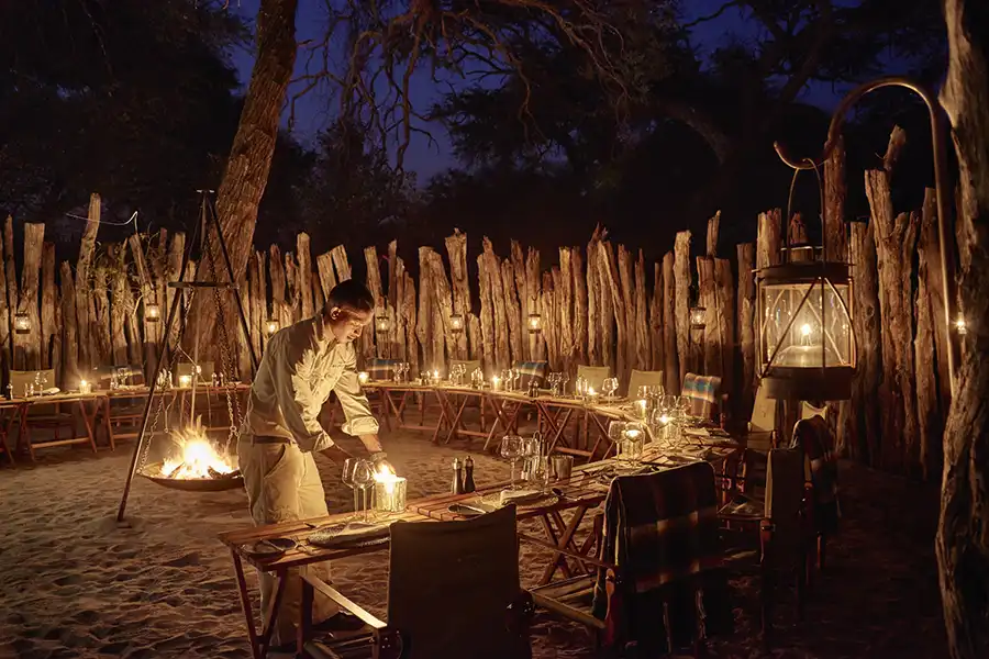 boma at night with campfire